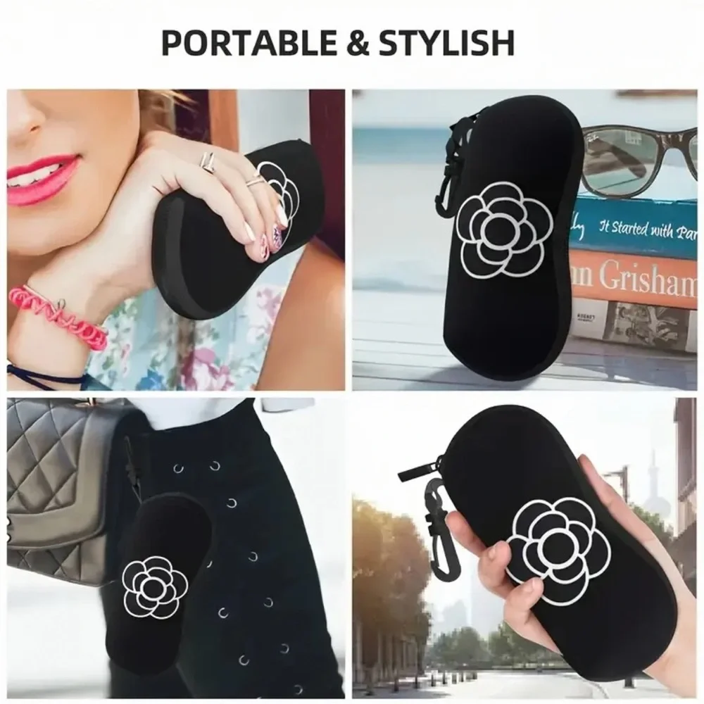 Elegant Black Glasses Case with Keychain, NEW, Camilla Flower